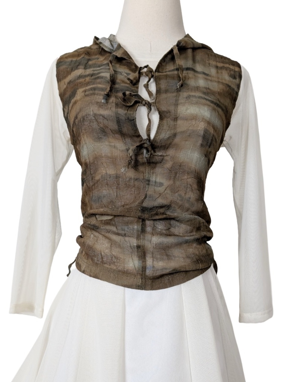 (Free With Purchase) Sheer Hooded Top Mesh Distressed Size Medium Brown